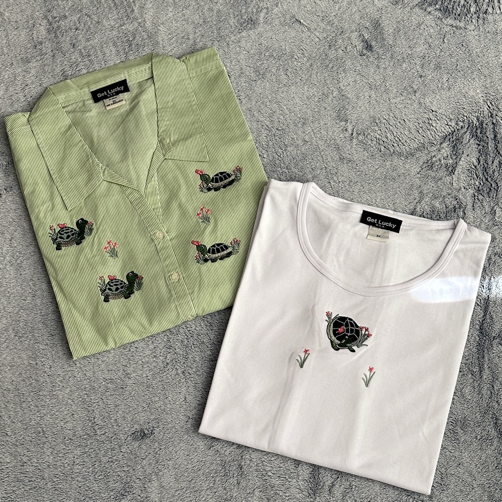 Adorable Turtle Motif Green and White Button Down Shirt and Sleeveless Top